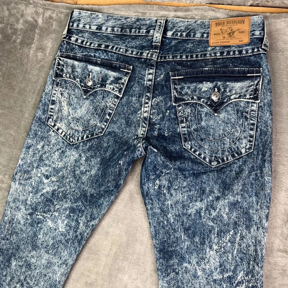 True Religion‎ Jeans Mens 37x34 Blue Acid Wash Straight Flap Pockets Grunge Y2K